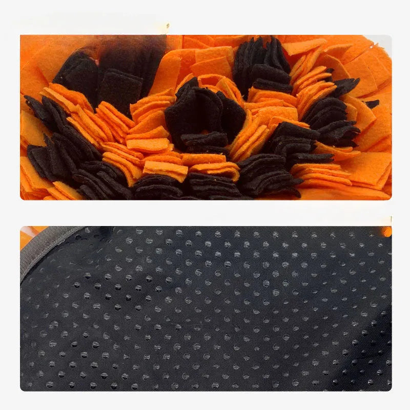 Orange pumpkin-shaped pet sniffing mat with soft fur fabric, 30cm diameter, on a wooden floor