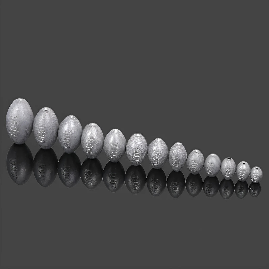 Tongxin scale pattern olive lead fishing sinker in rugby shape, showing weight options from 10g to 150g.