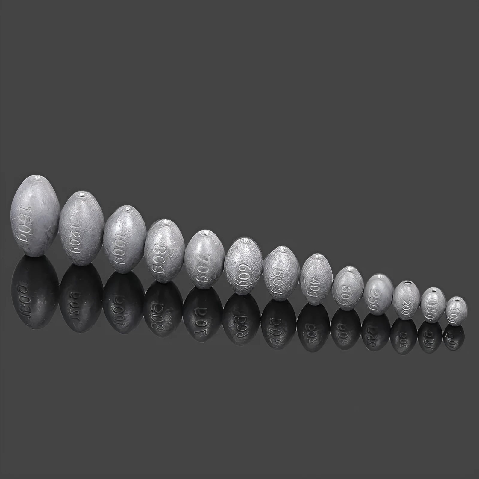 Tongxin scale pattern olive lead fishing sinker in rugby shape, showing weight options from 10g to 150g.