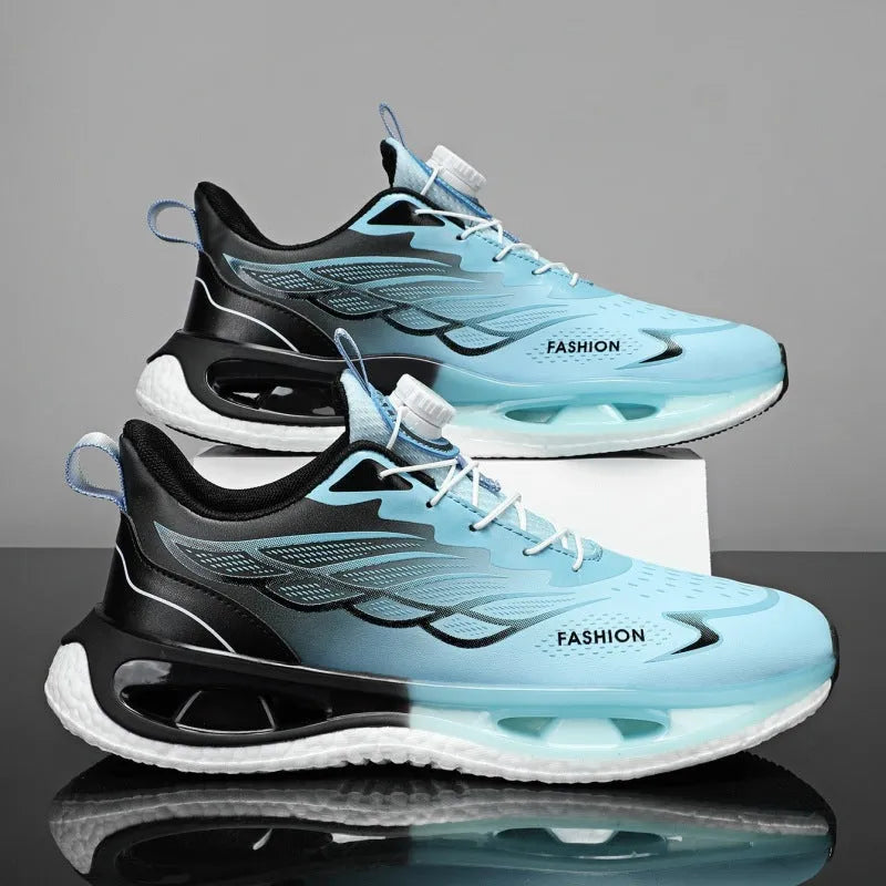 Low-top youth sneaker with a rotating button closure on a rubber sole, shown in light blue mesh.