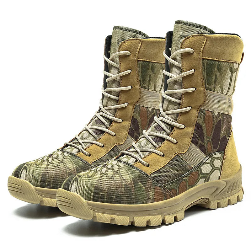 Men's black and camouflage mesh upper combat boots in plus sizes with high-top design