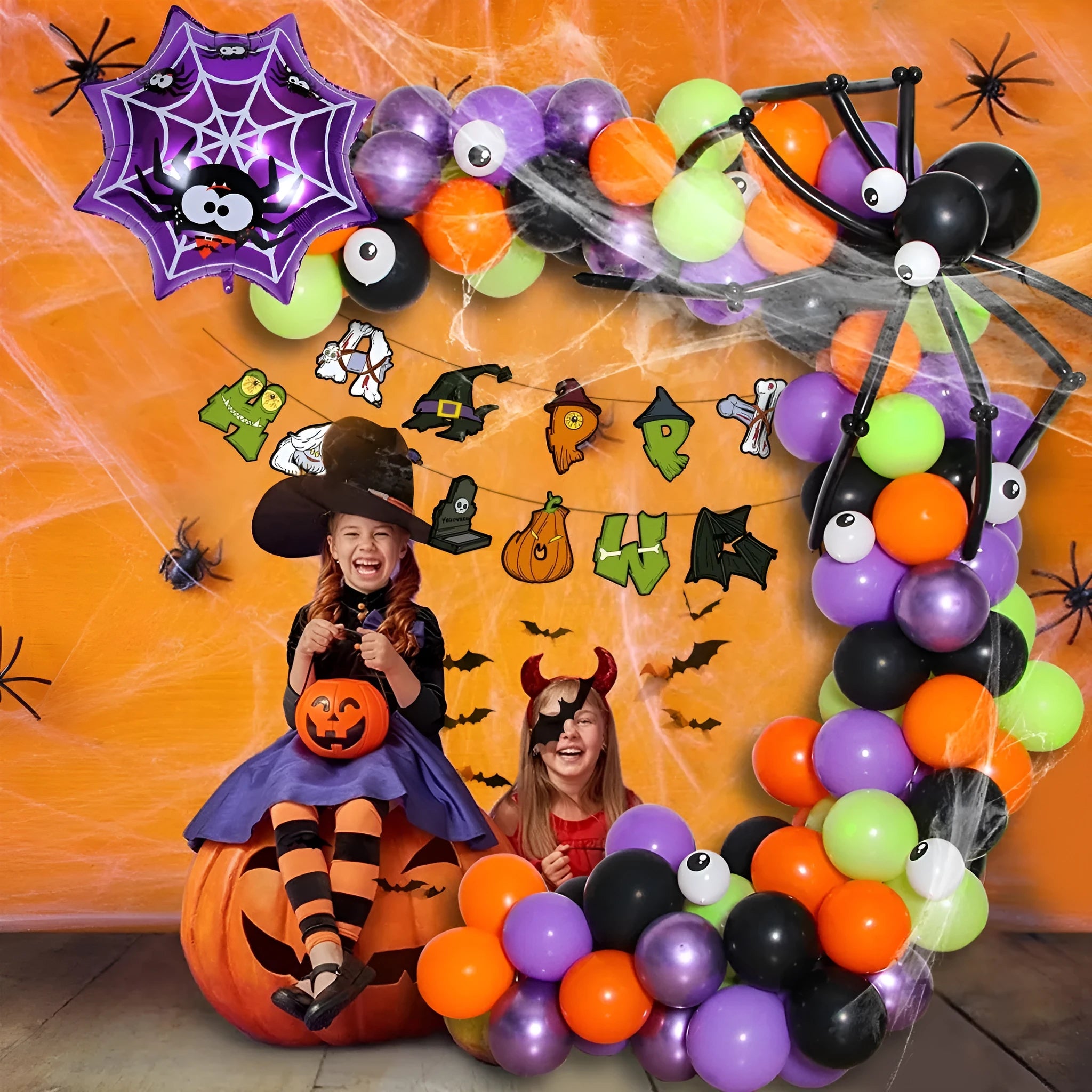 Halloween balloon decoration combo with a spider balloon arch in white and black.