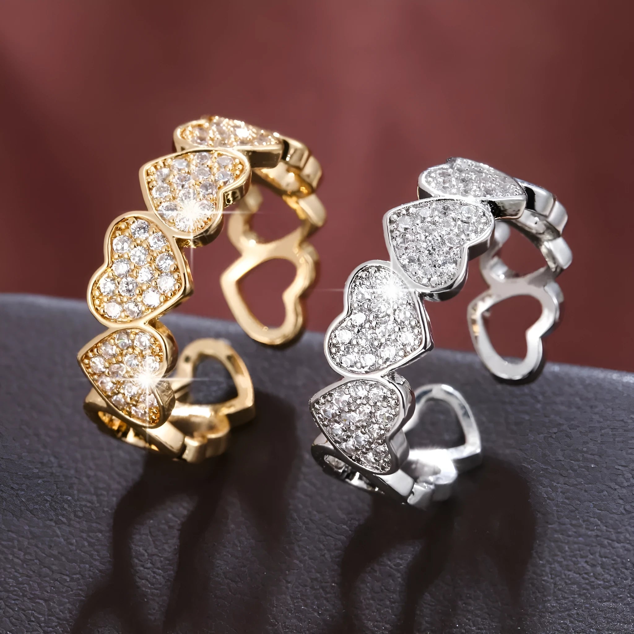 Geometric couples open ring with heart design and adjustable opening in gold or silver finish