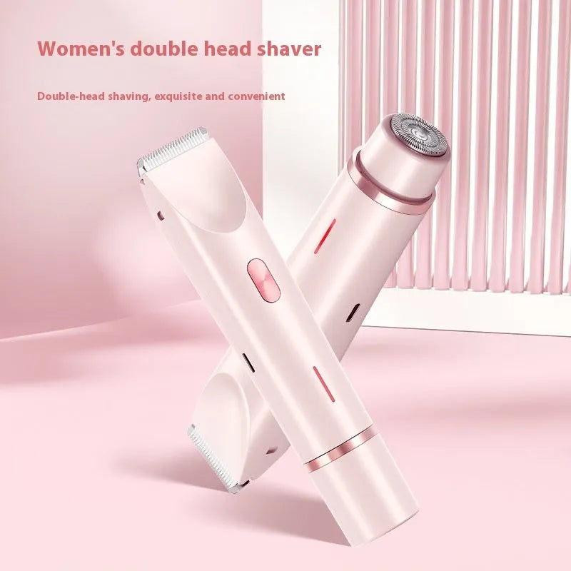 Pink 2 in 1 women's electric hair remover double head shaver with USB cable on white background