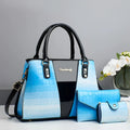 Women's crocodile-stitch three-piece shoulder bag set in PU leather showing main bag, small bag, and card holder