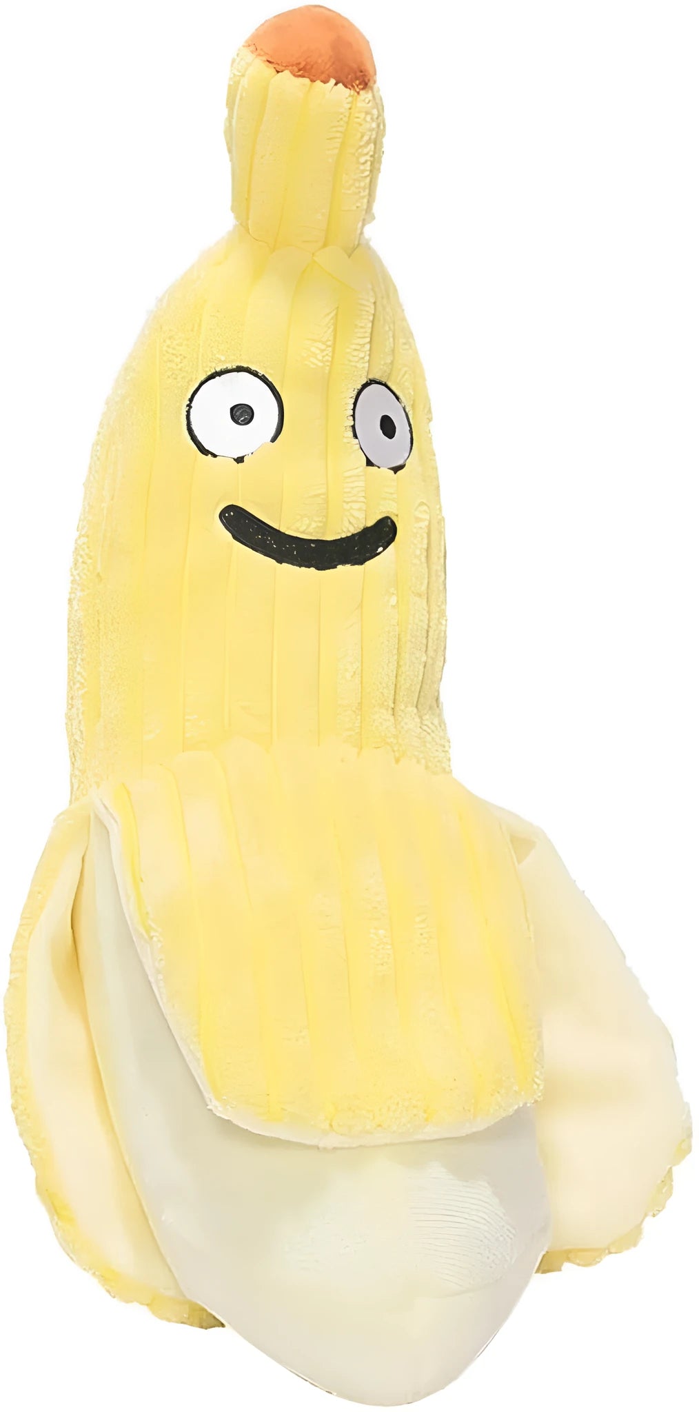 Yellow banana-shaped plush cat toy with crinkle sound, shown next to a cat for scale.
