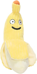 Yellow banana-shaped plush cat toy with crinkle sound, shown next to a cat for scale.