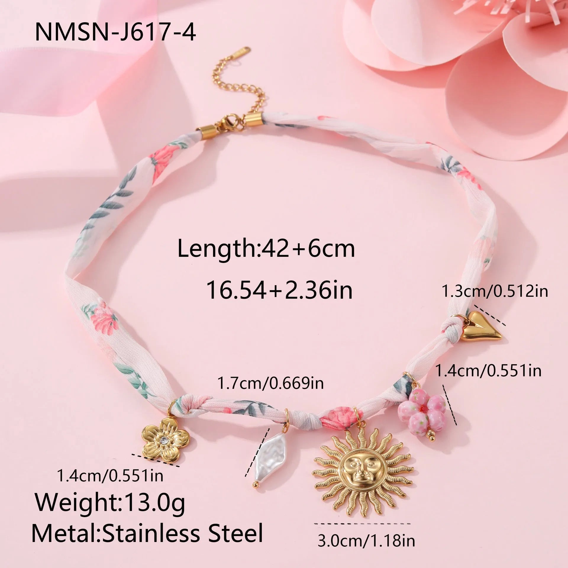 Women's stainless steel necklace with geometric sun pendant on adjustable 41-50cm chain