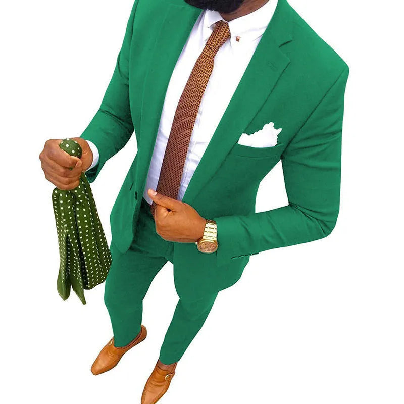 Men's cotton banquet suit in multiple colours, showing jacket and trousers, available in sizes XXS to 7XL.