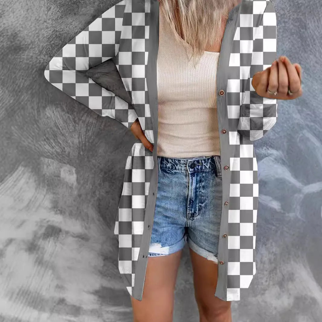 Long grey women's plaid patterned loose knit cardigan coat with regular sleeves on a hanger.
