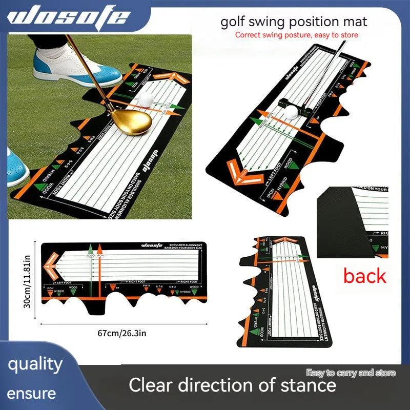 Black neoprene golf swing positioning pad for stance and alignment training.