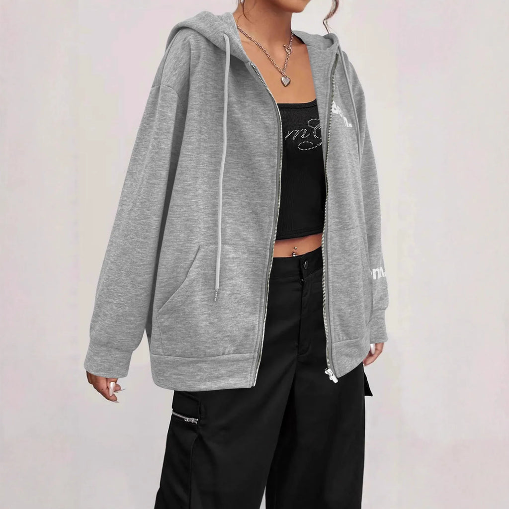 Women's loose fit grey zipper cardigan coat with letter print, polyester blend, Japanese Korean casual style