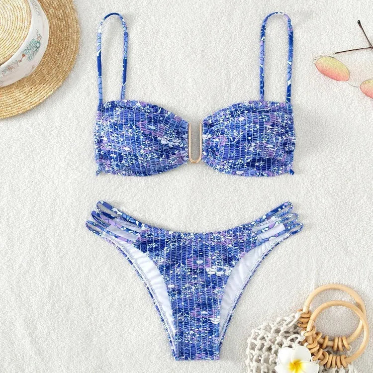 Women's floral high-waist bikini swimsuit in orange, blue, and rose red colours