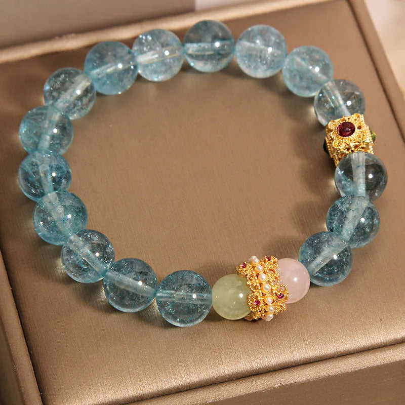 Natural crystal bracelet for women with blue cube sugar and colourful stone beads on flexible ring