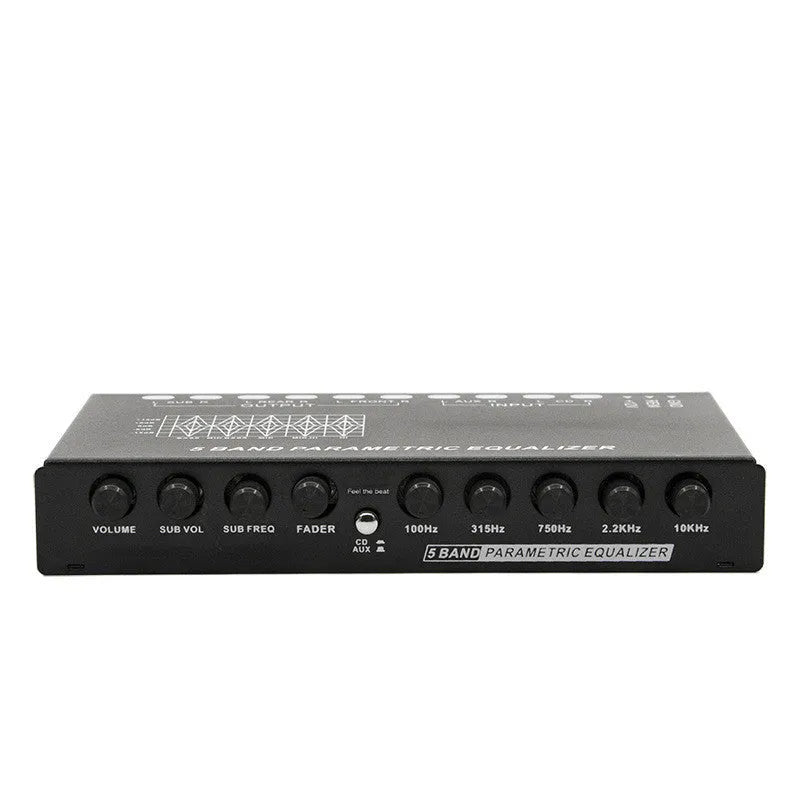 Black car audio EQ tuning amplifier with front panel controls for frequency and volume adjustment