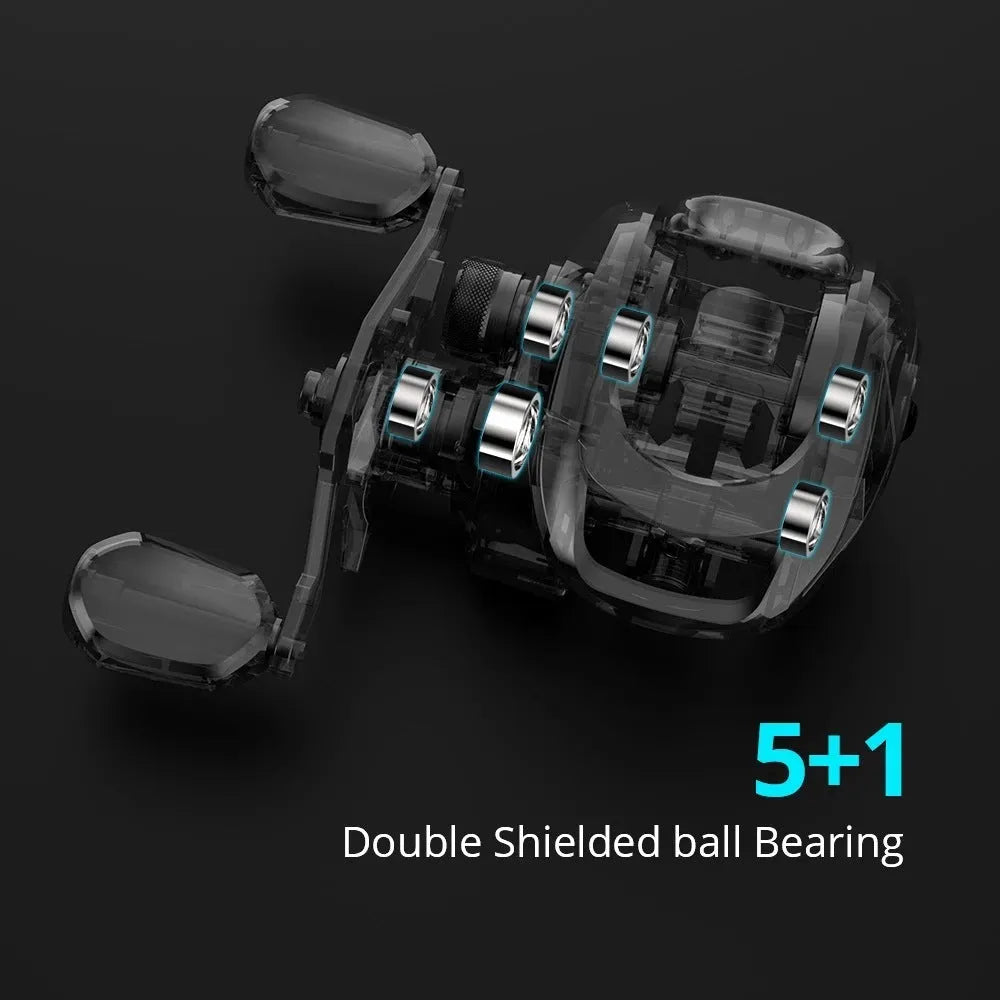 Drip wheel fishing reel for lure fishing with selectable left or right hand wheel.