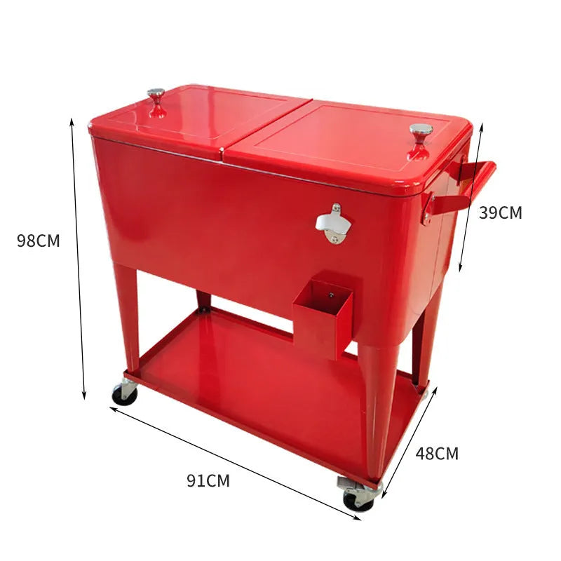 Red outdoor metal insulated trolley cart with handle, shown as a picnic cooler and ice bucket.
