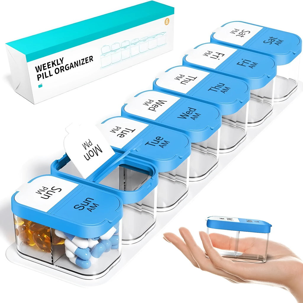 Amazon extra large pill dispenser with 14 removable compartments in white or rainbow colour