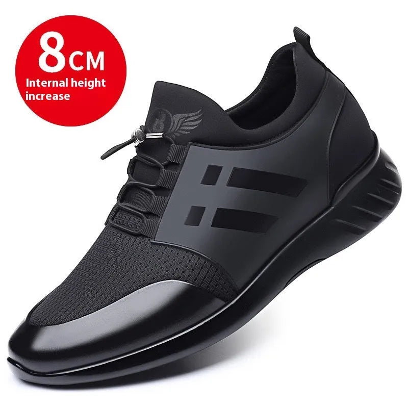 Men's black height increase casual sneakers with genuine leather uppers and hidden heel elevation