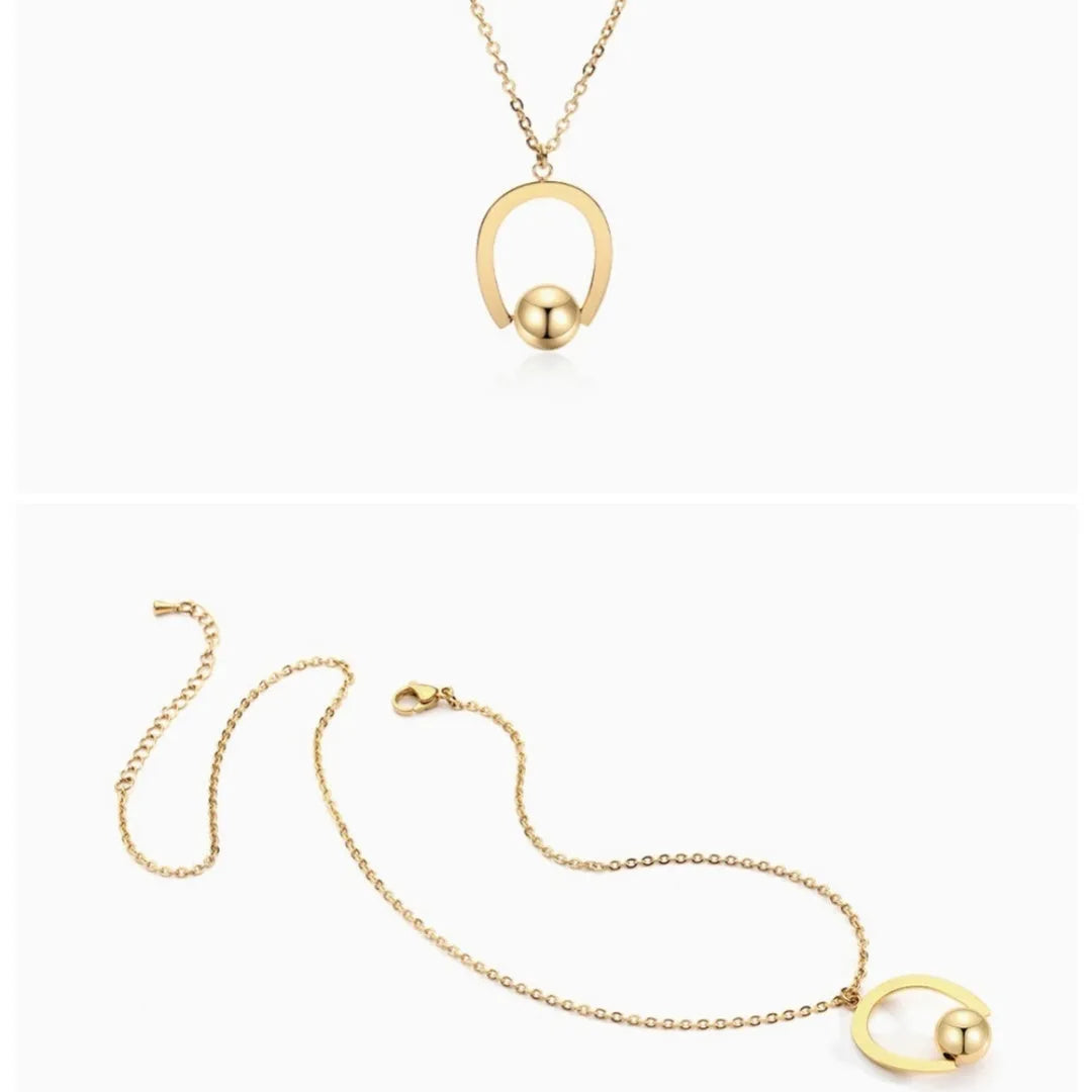 Stainless steel geometry pendant necklace with adjustable bead chain in gold or silver electroplated finish