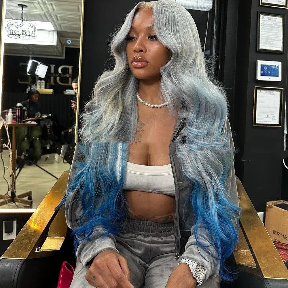 Grey to blue gradient human hair lace front wig with 4x4 frontal on a wig stand.