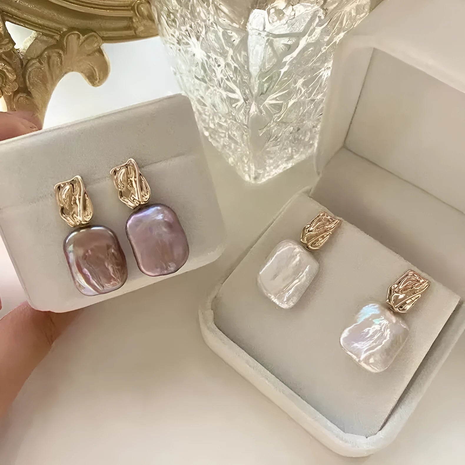 Natural freshwater pearl square stud earrings in purple colour, retro geometric alloy setting