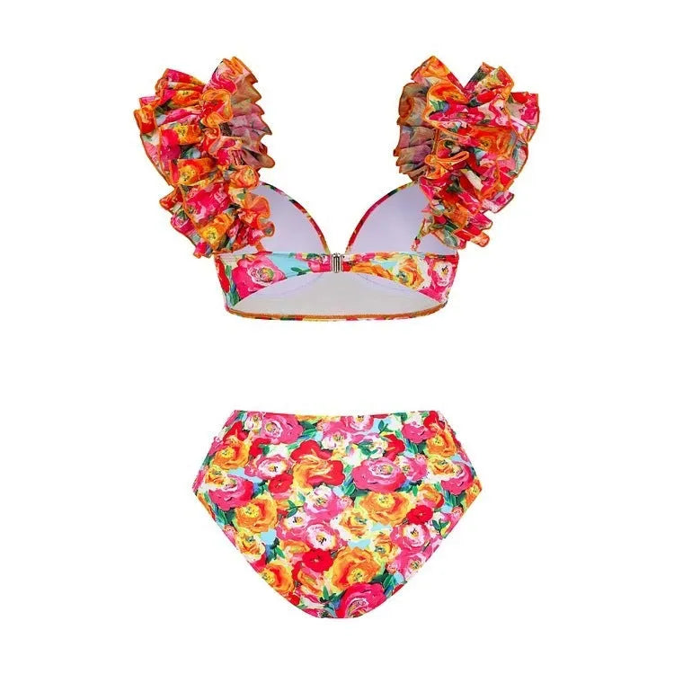 Y311 floral high waist push up bikini split swimsuit in blue floral print with brief and skirt options