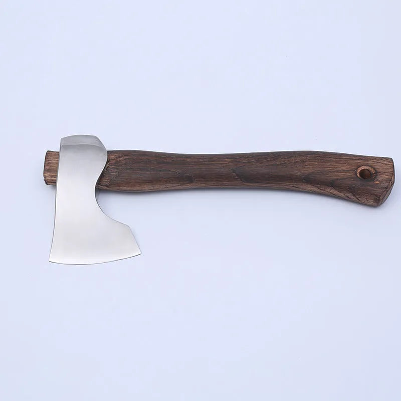 Camping axe with high carbon steel blade and wooden handle showing 250mm length