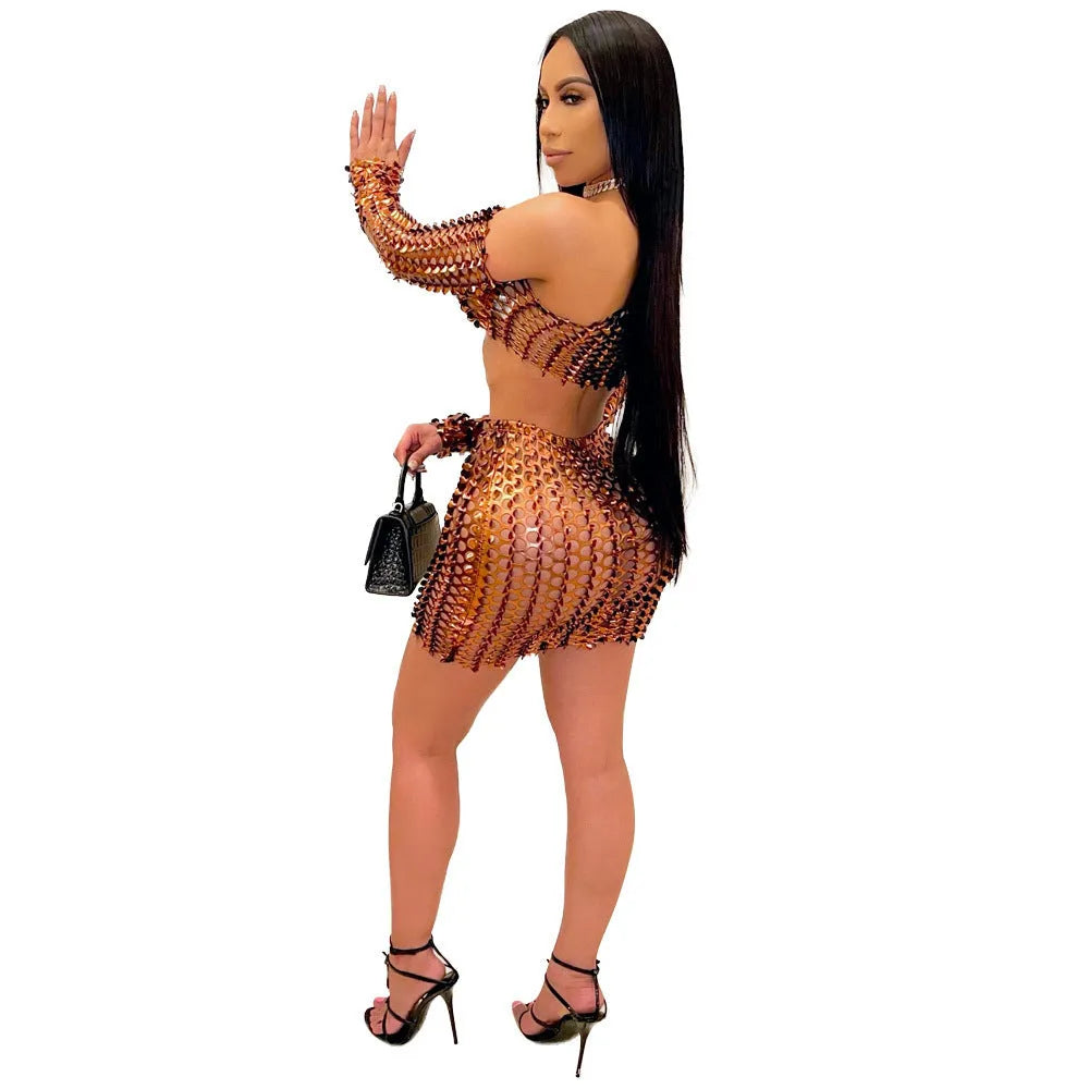 Women's hollow-out net two-piece dress set with sleeveless top and short skirt
