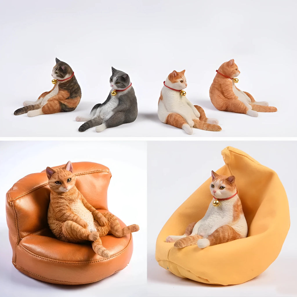 Lazy cat car ornament with sofa on dashboard, 1:6 scale resin and fabric construction
