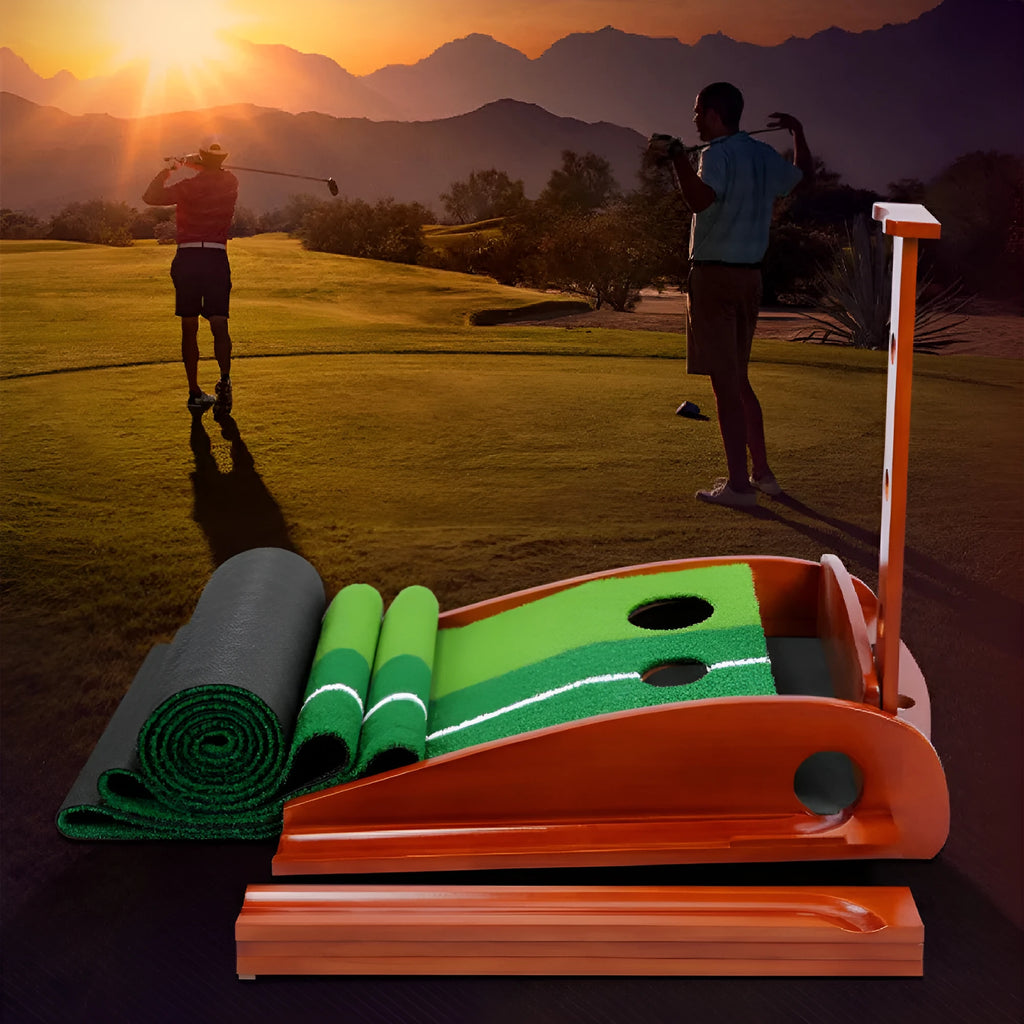 Indoor golf putter practitioner on solid wood base with dual colour raceway and automatic ball return in 3 metre length