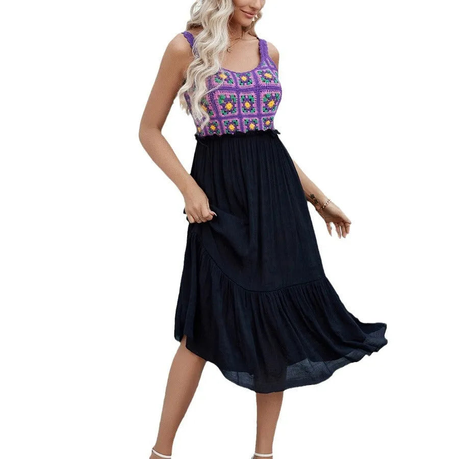 Purple sleeveless dress with hand-stitched floral embroidery, cotton blend fabric, free size fit for women