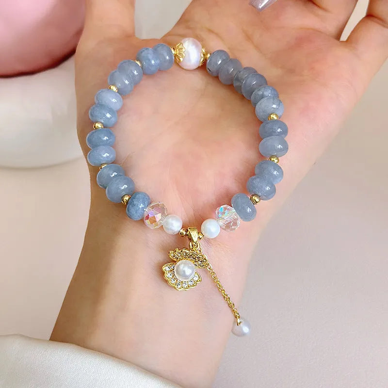 Natural aquamarine pearl shell healing bracelet for women handmade travel commemoration gift