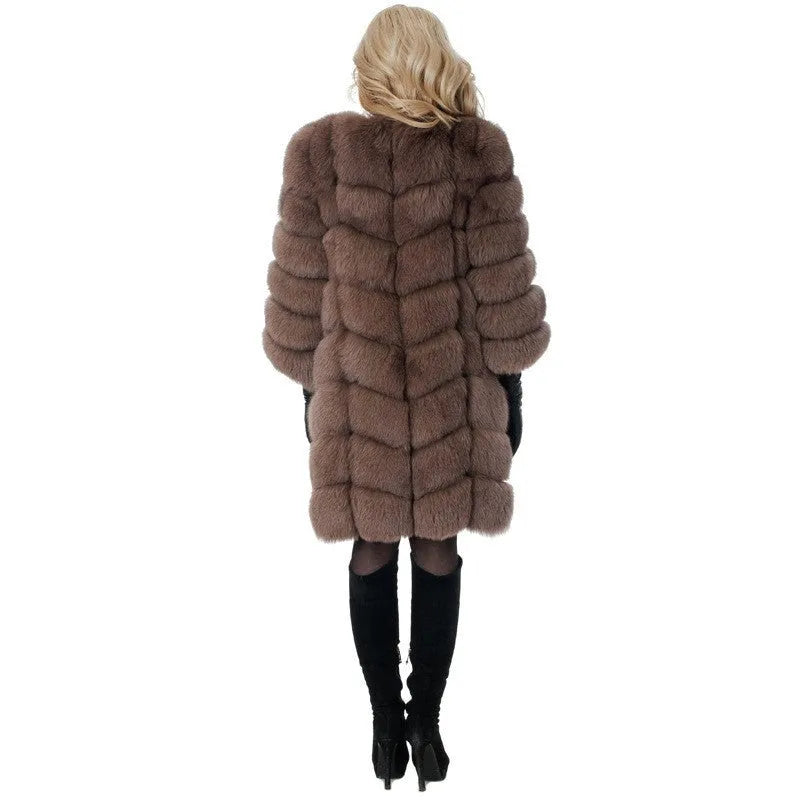 Women's long artificial fur coat in wine red colour showing full-length design and regular sleeves.