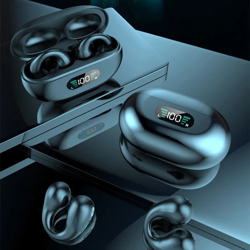 Bone conduction Bluetooth headset with ear clip design shown in black, white, and khaki colour options.