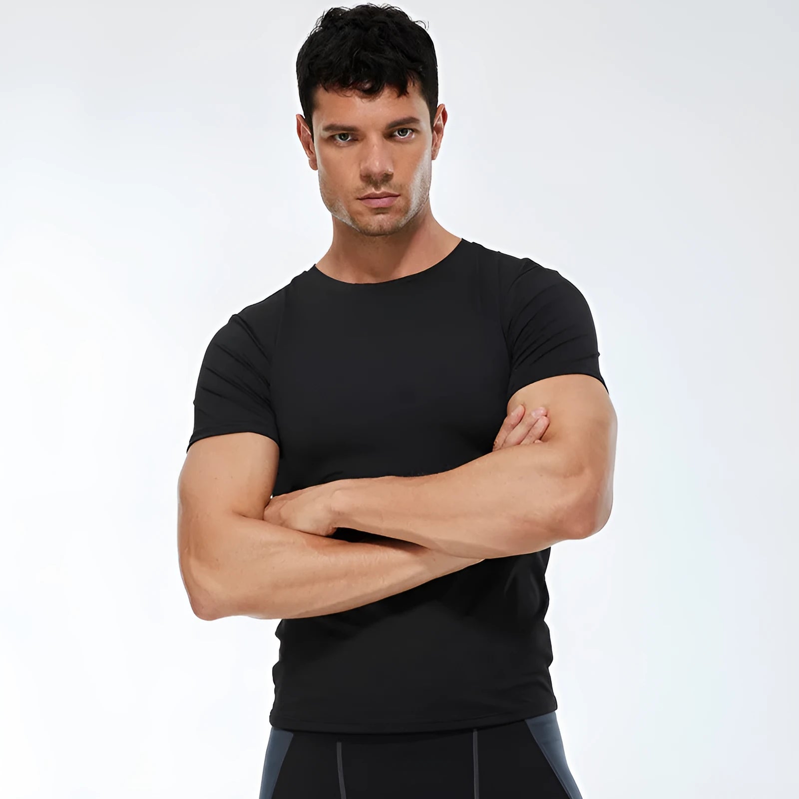 Men's quick dry stretch fitness shirt short sleeve solid colour polyester front view