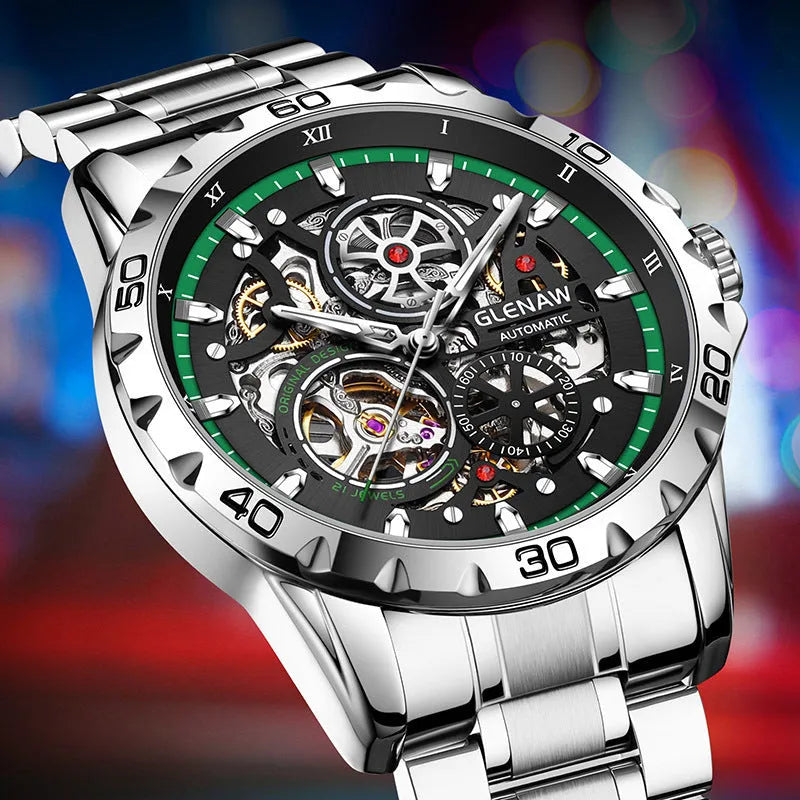 Silver automatic skeleton watch with stainless steel strap and transparent caseback showing mechanical movement