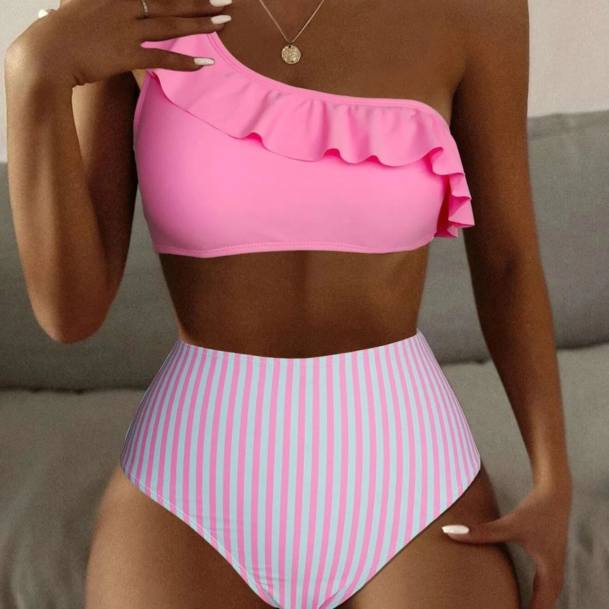 Women's striped split bikini swimsuit in army green with polyester spandex fabric, sleeveless design