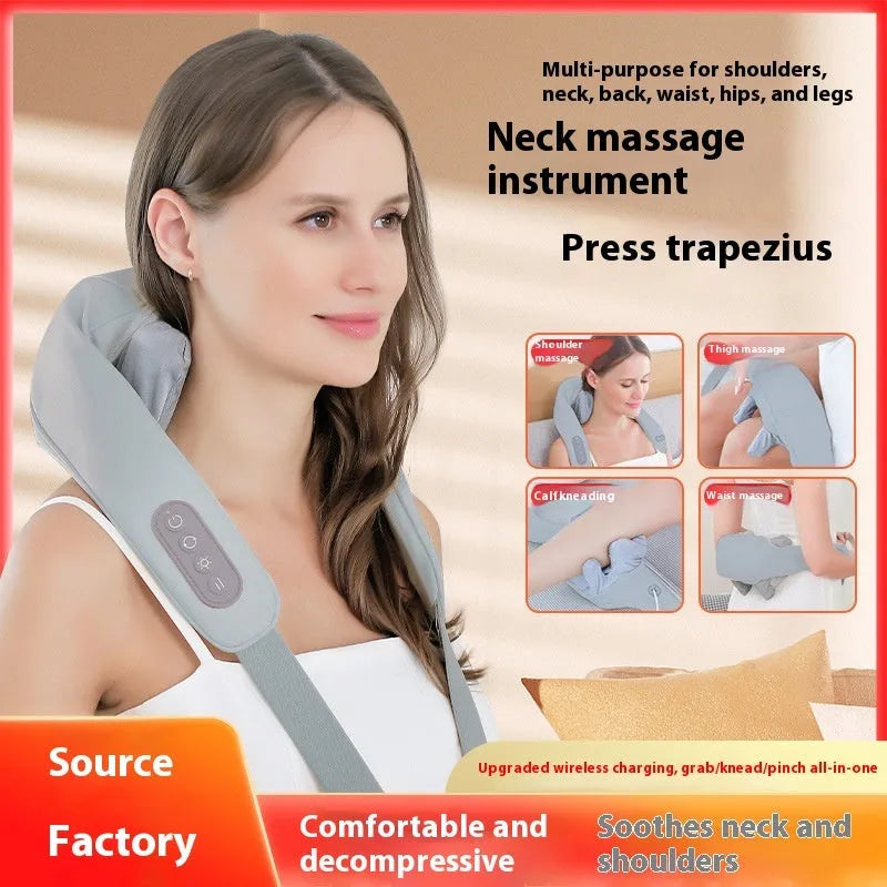 Gray elastic fabric multifunctional neck back waist massager with USB rechargeable 1500mAh battery and infrared physiotherapy
