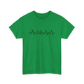 Green cotton short-sleeve t-shirt with a creative white letter print pattern on the front.