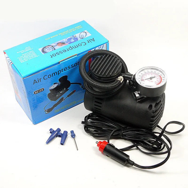 12V mini car tyre air pump, black plastic, 13.5 x 12 x 7 cm