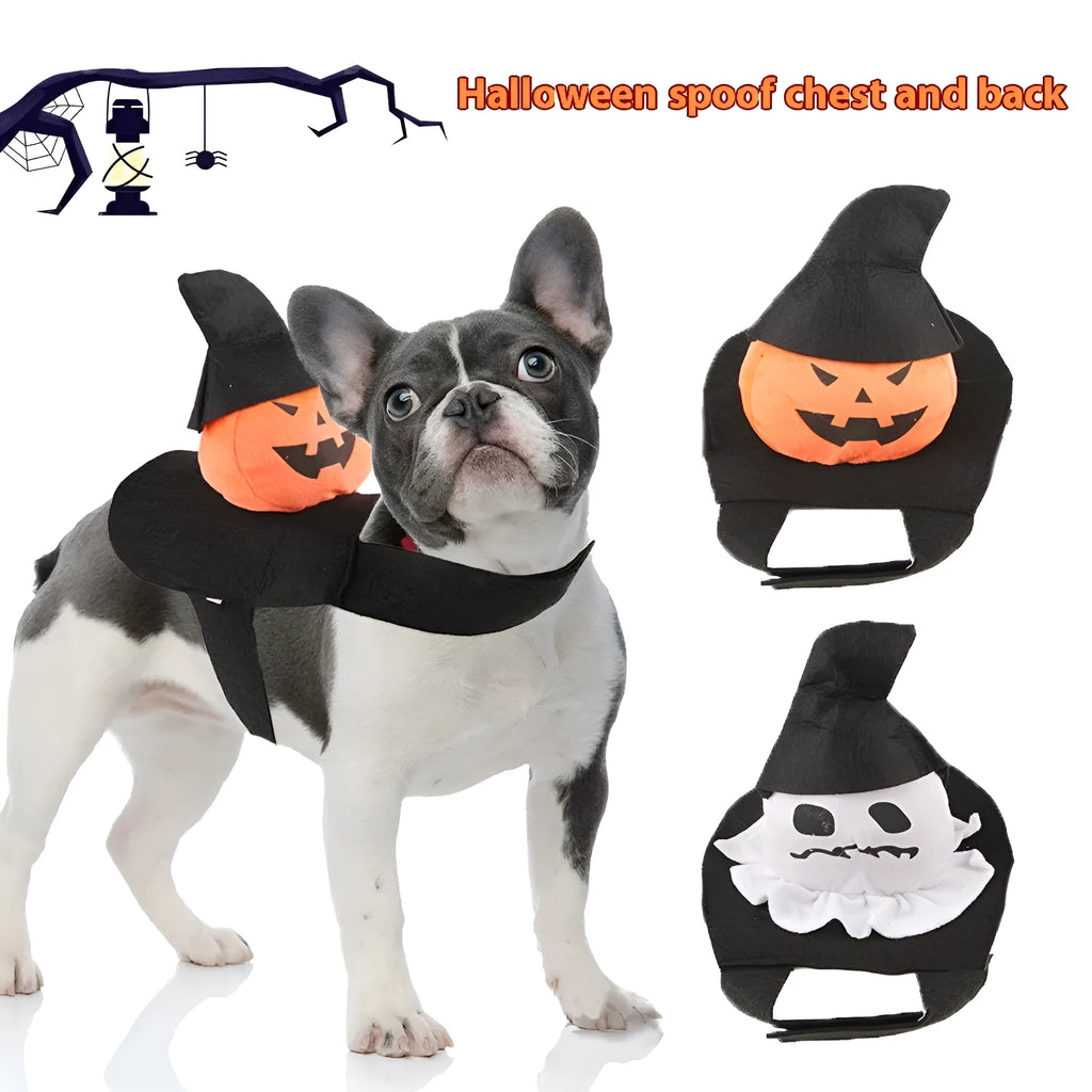 Dog wearing a PP Cotton Halloween pet costume in Ghost colour, side view, available sizes S to XL