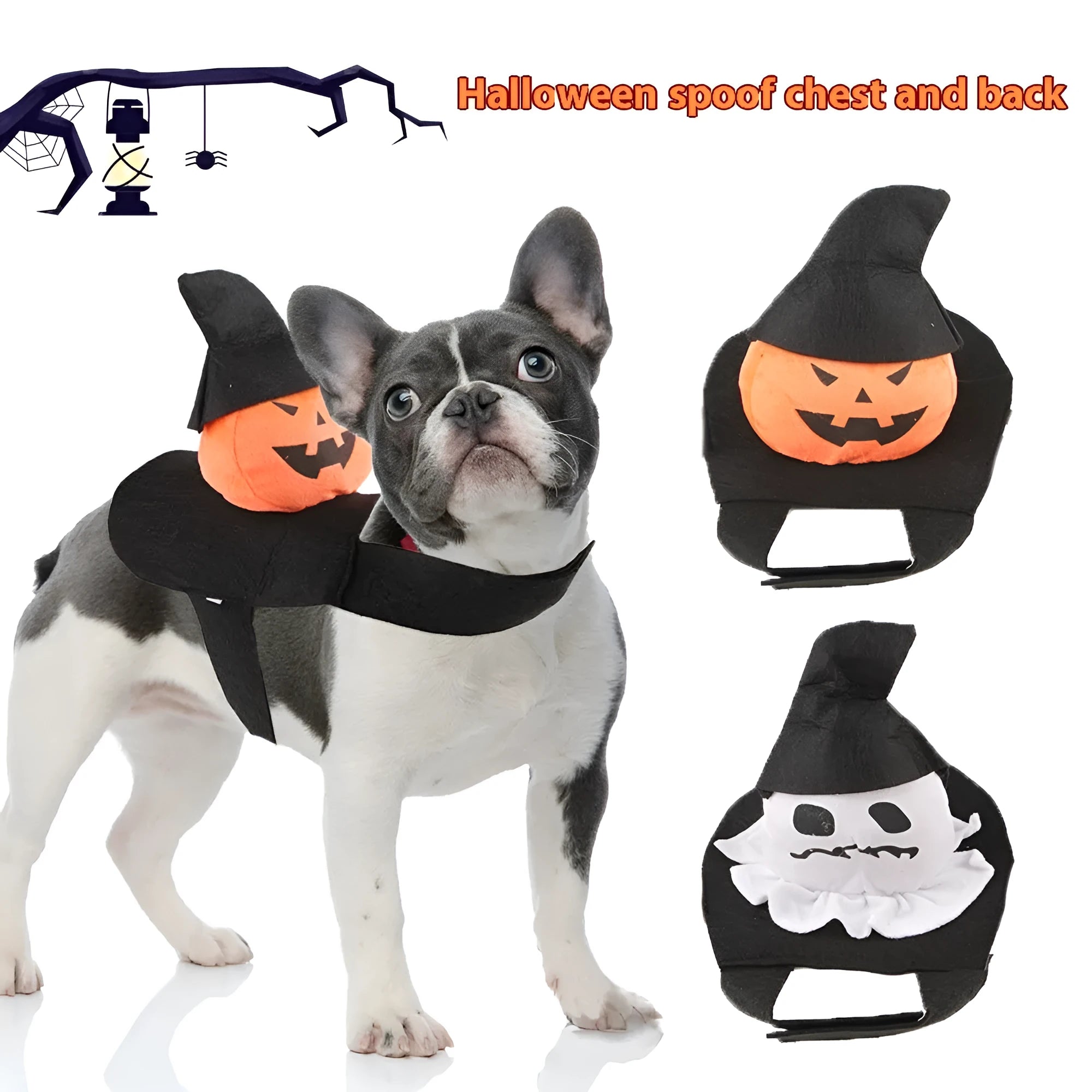 Dog wearing a PP Cotton Halloween pet costume in Ghost colour, side view, available sizes S to XL
