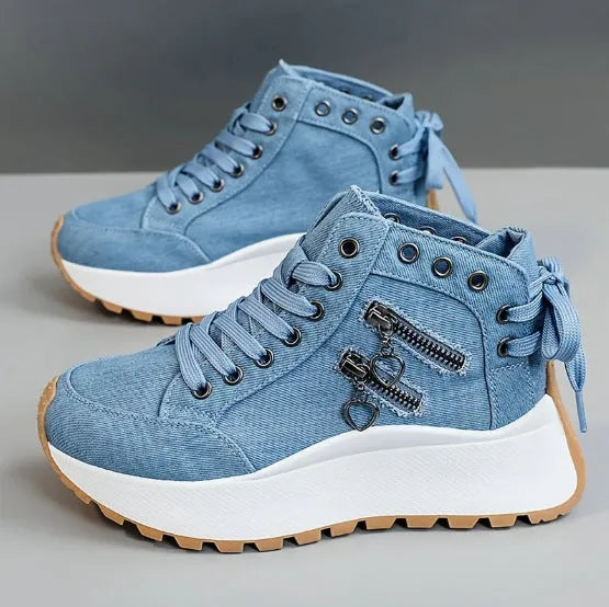 Women's high-top platform casual shoes round toe artificial PU in black, blue, or khaki