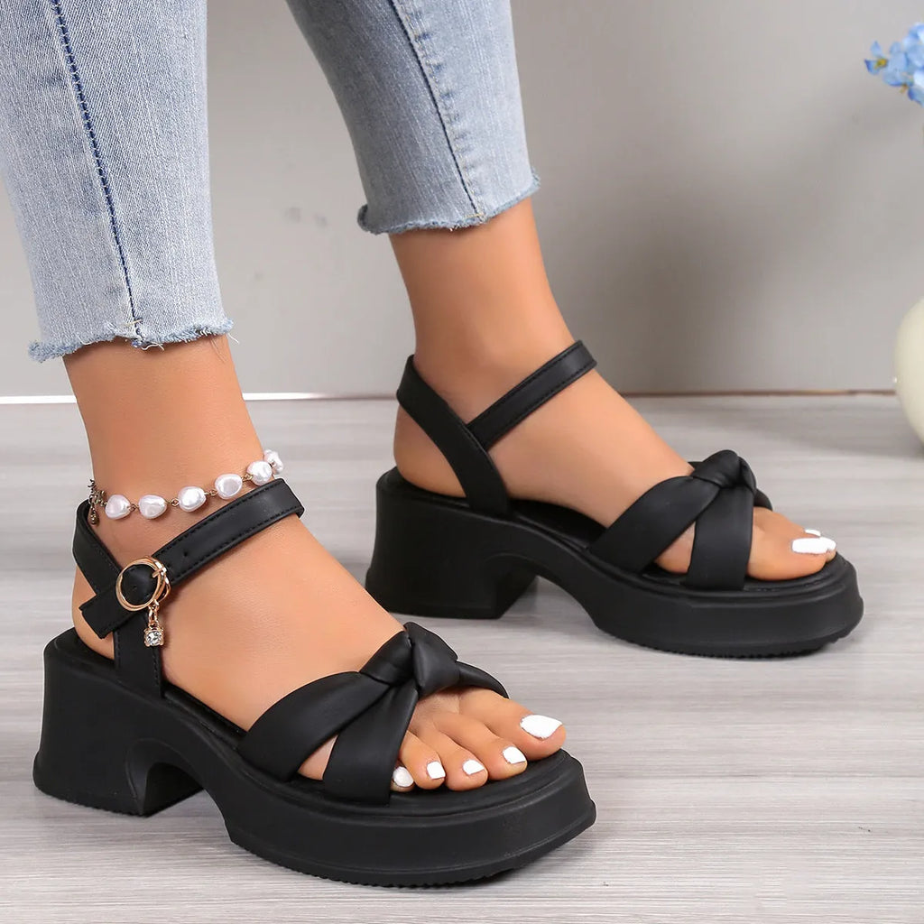 Thick heel black with skirt thick bottom high heel slippers for women, button closure, PU upper, round head, romantic style