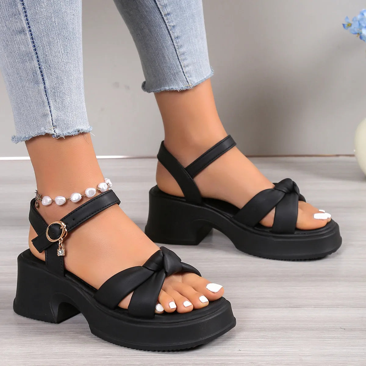 Thick heel black with skirt thick bottom high heel slippers for women, button closure, PU upper, round head, romantic style
