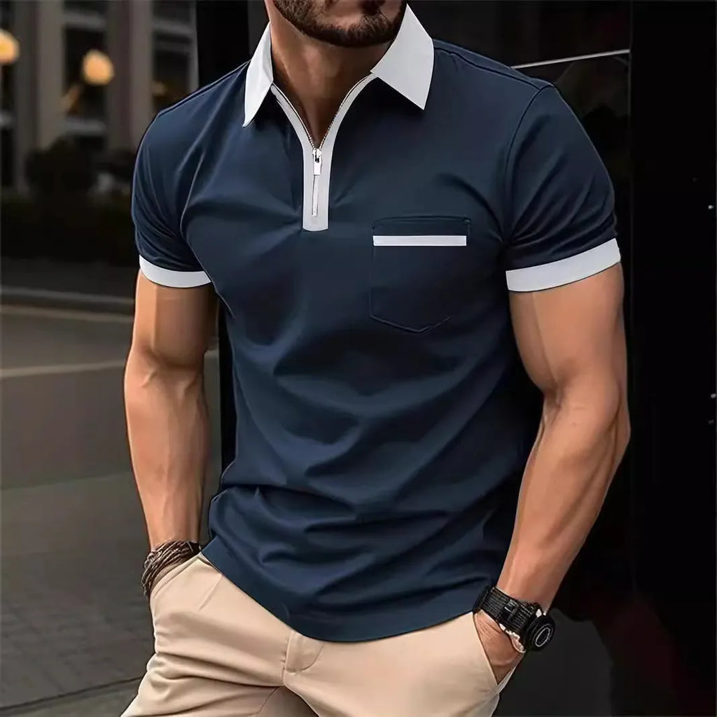 Men's casual short sleeve shirt with chest pocket and zipper decorations in chemical fibre blend fabric