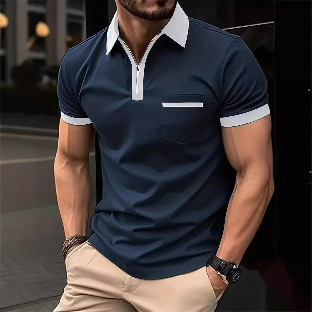 Men's casual short sleeve shirt with chest pocket and zipper decorations in chemical fibre blend fabric