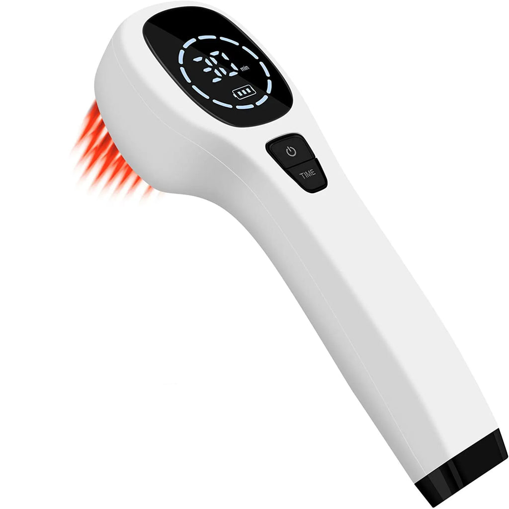 Hand-held red light therapy device in black and white with LED array, USB cable, and safety glasses on a surface