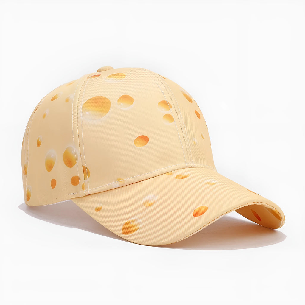 Full printed cheese pattern peaked cap with adjustable strap and dome crown